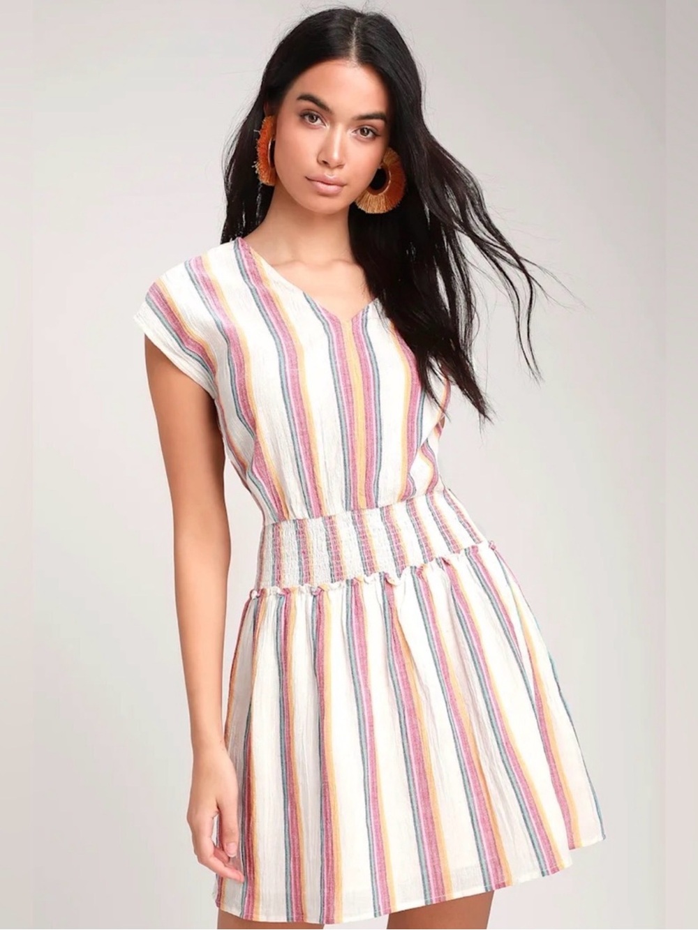 Lulus Striped Linen Blend Smocked Drop Waist Mini Dress M - Sunset Stripe⁠